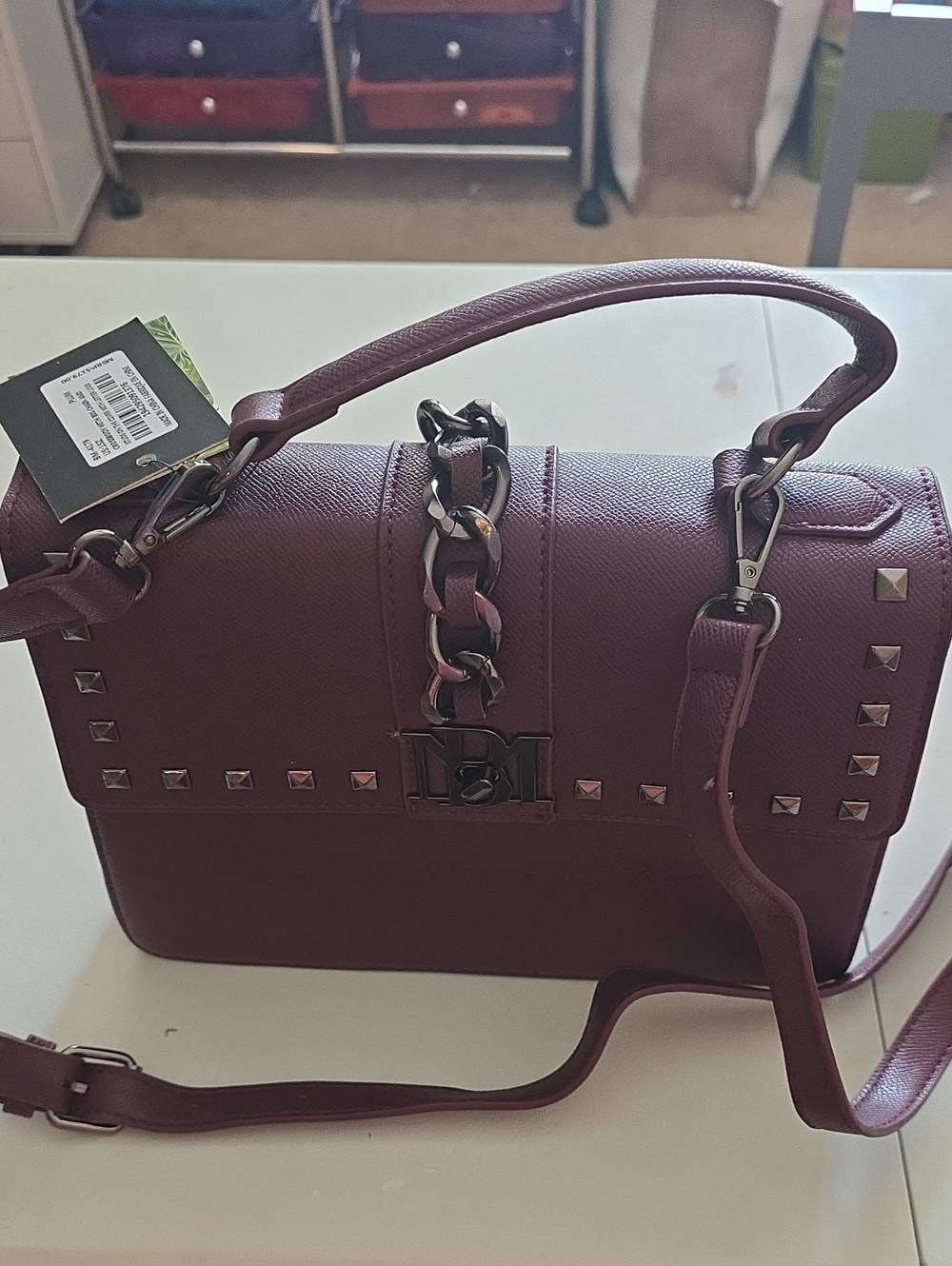 Badgley Mischka Burgundy Studded Chain-Accent Satchel